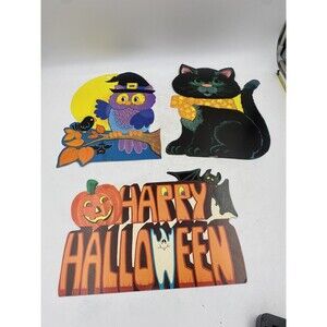 Set of 3 Vintage Paper Double Sided Halloween Decorations HAPPY HALLOWEEN, OWL,